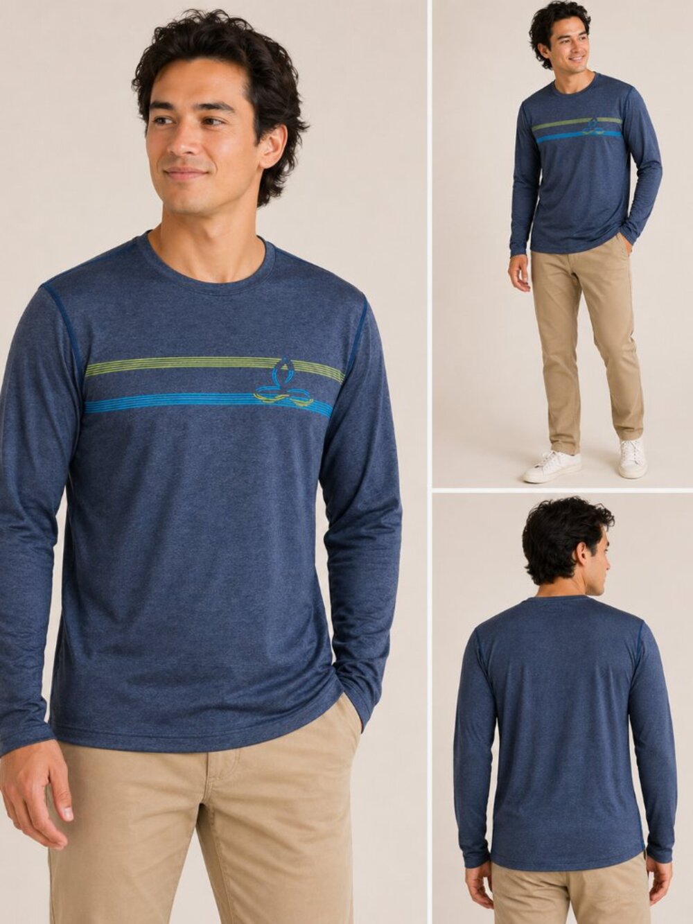 prAna Men’s Long Sleeve Performance Shirt Blue Stripe Logo Size M
